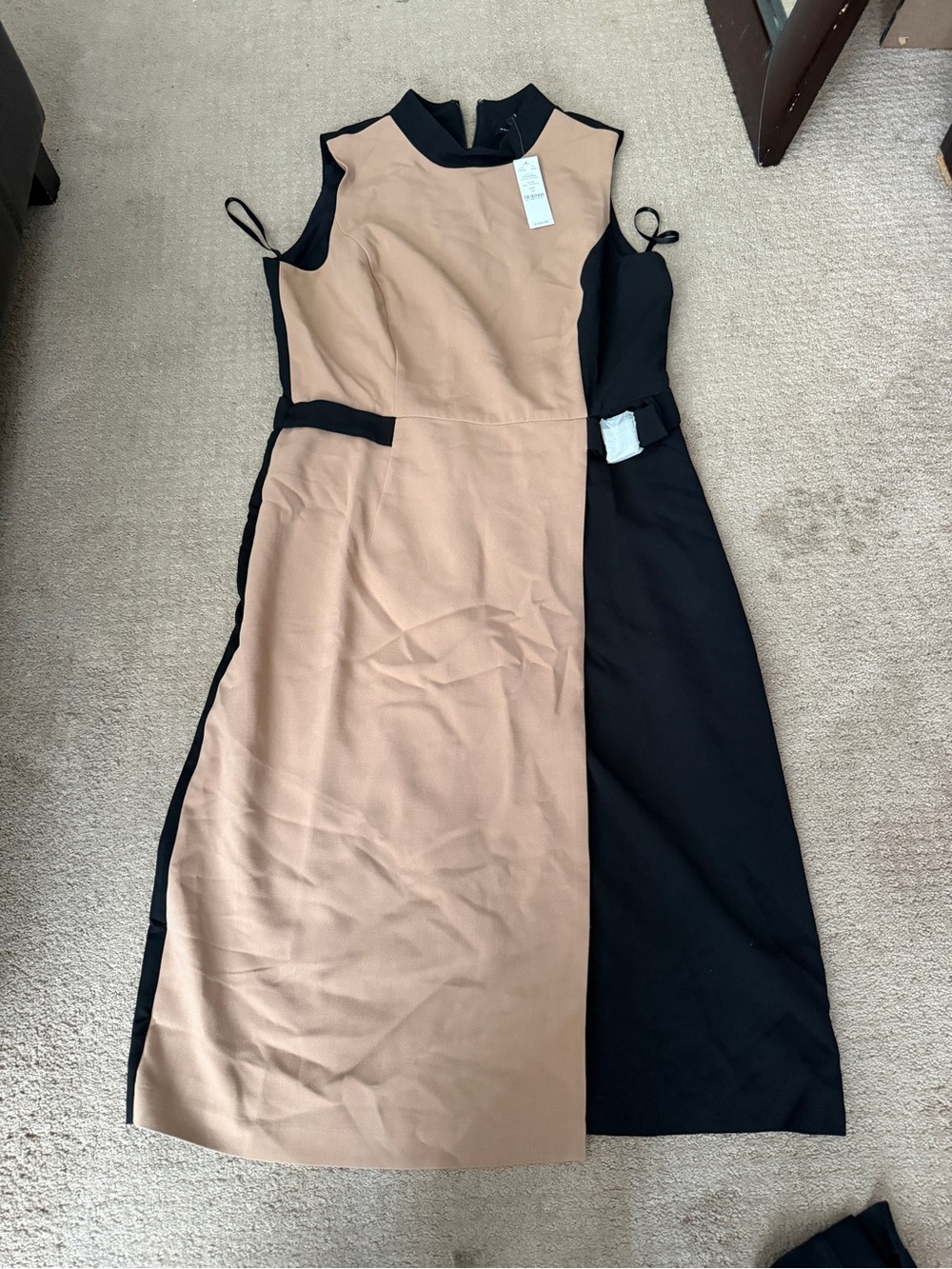 White House Black Market Tan and Black Colorblock Midi Sheath Dress